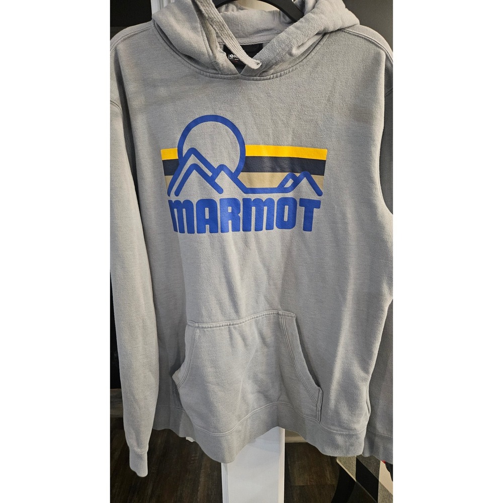 Gorpcore Marmot Mens XL Gray Graphic Mountain Logo Pullover Fleece Hoodie Sweat